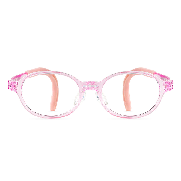 Kids round eyeglass frame, transparent pink with pink temple tips