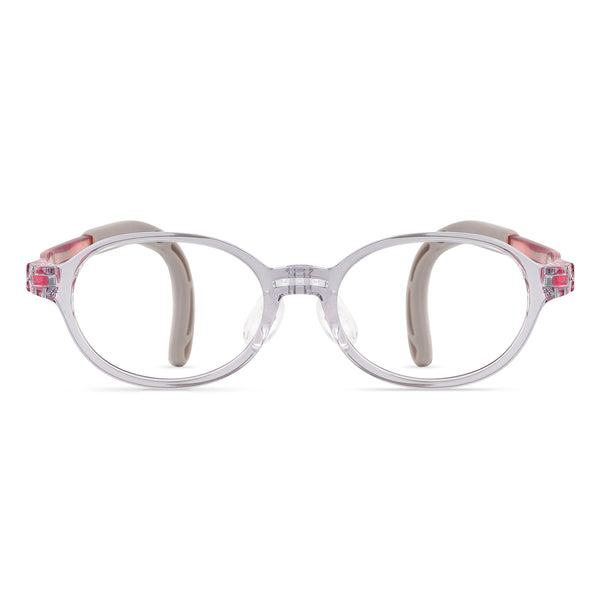 Kids round eyeglass frame with clear gray front and subtle pink accents