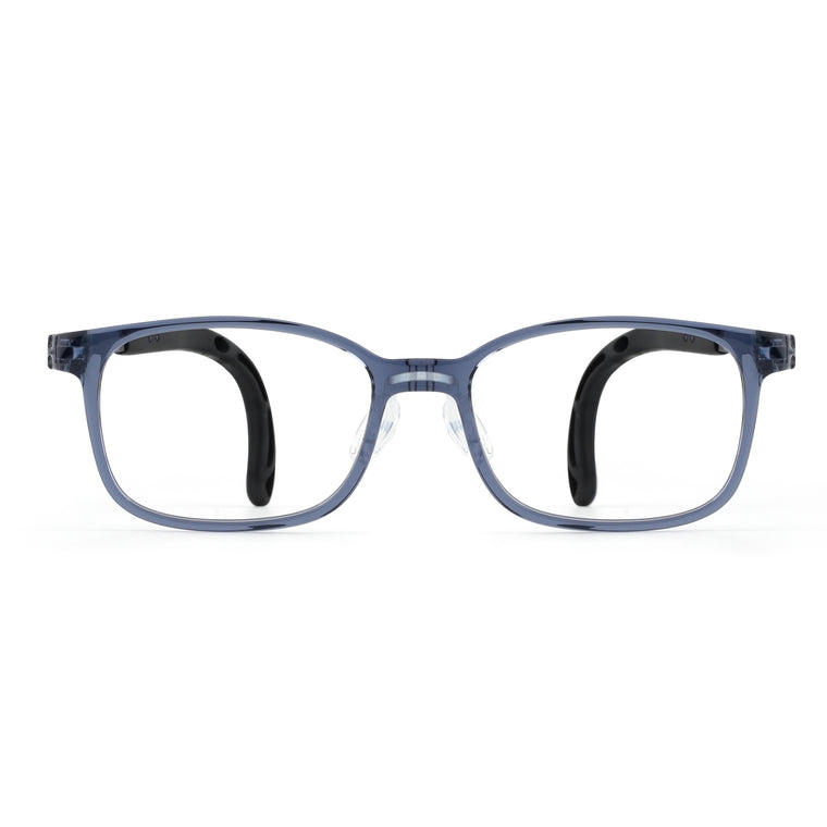 Eyeglass frames, blue translucent full-rim with clear lenses and dark temple accents