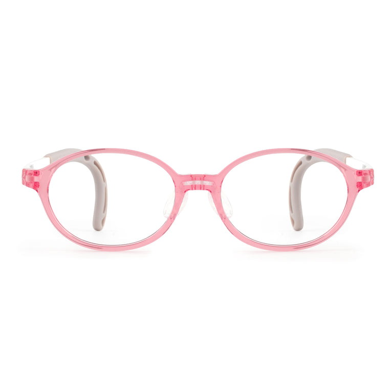 Kids glasses with clear lenses and pink transparent oval frames, front view