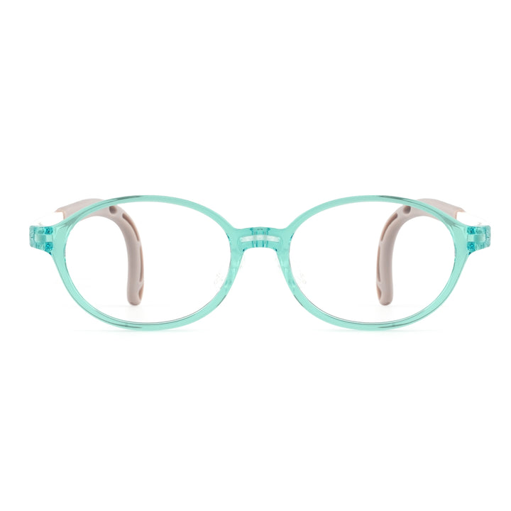 Teal plastic round eyeglasses with light gray temples