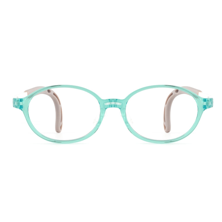 Teal plastic round eyeglasses with light gray temples