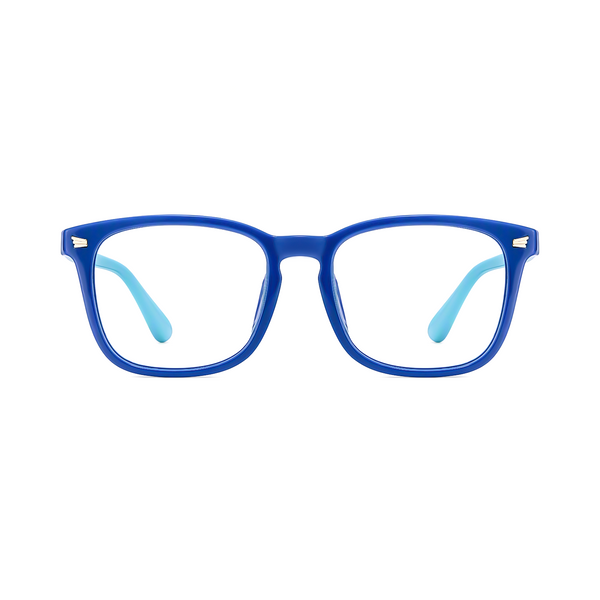 Blue rectangular eyeglass frames with light blue temple tips, front view.