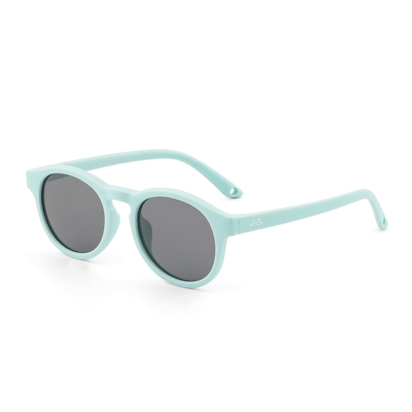 Round sunglasses with mint green frame and dark lenses, side view
