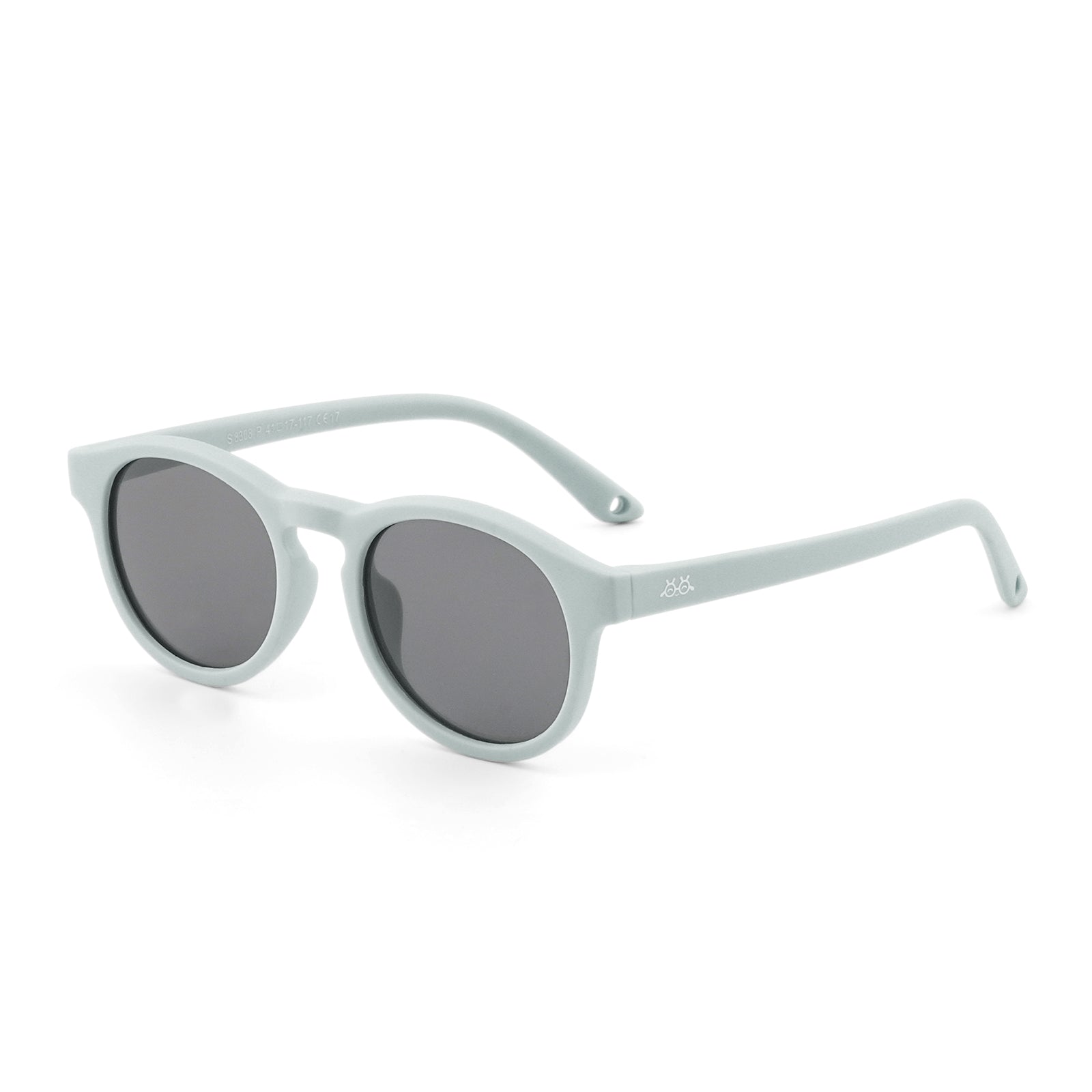 Sunglasses with pale aqua frames and dark tinted round lenses