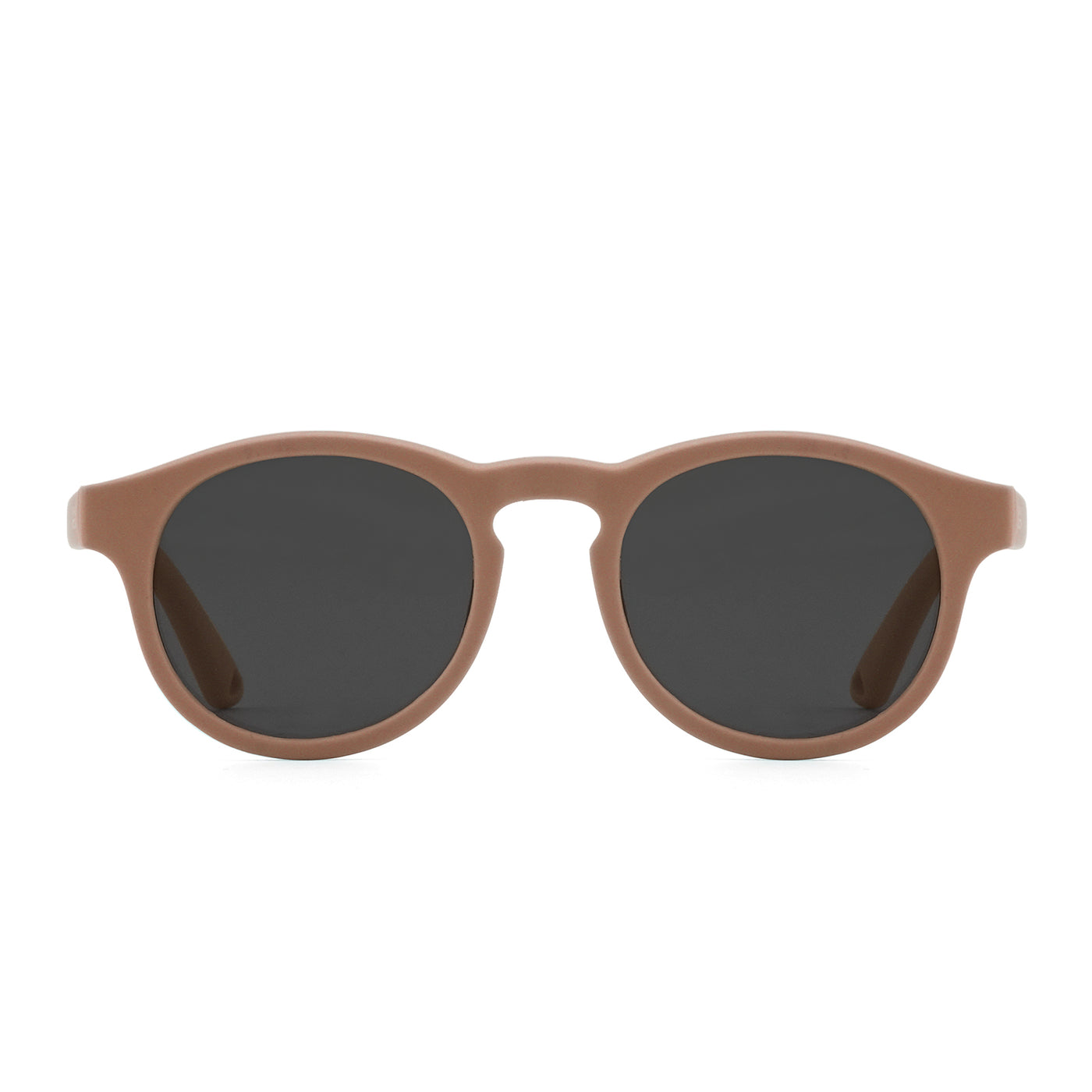 Round sunglasses with light brown frame and dark lenses, front view