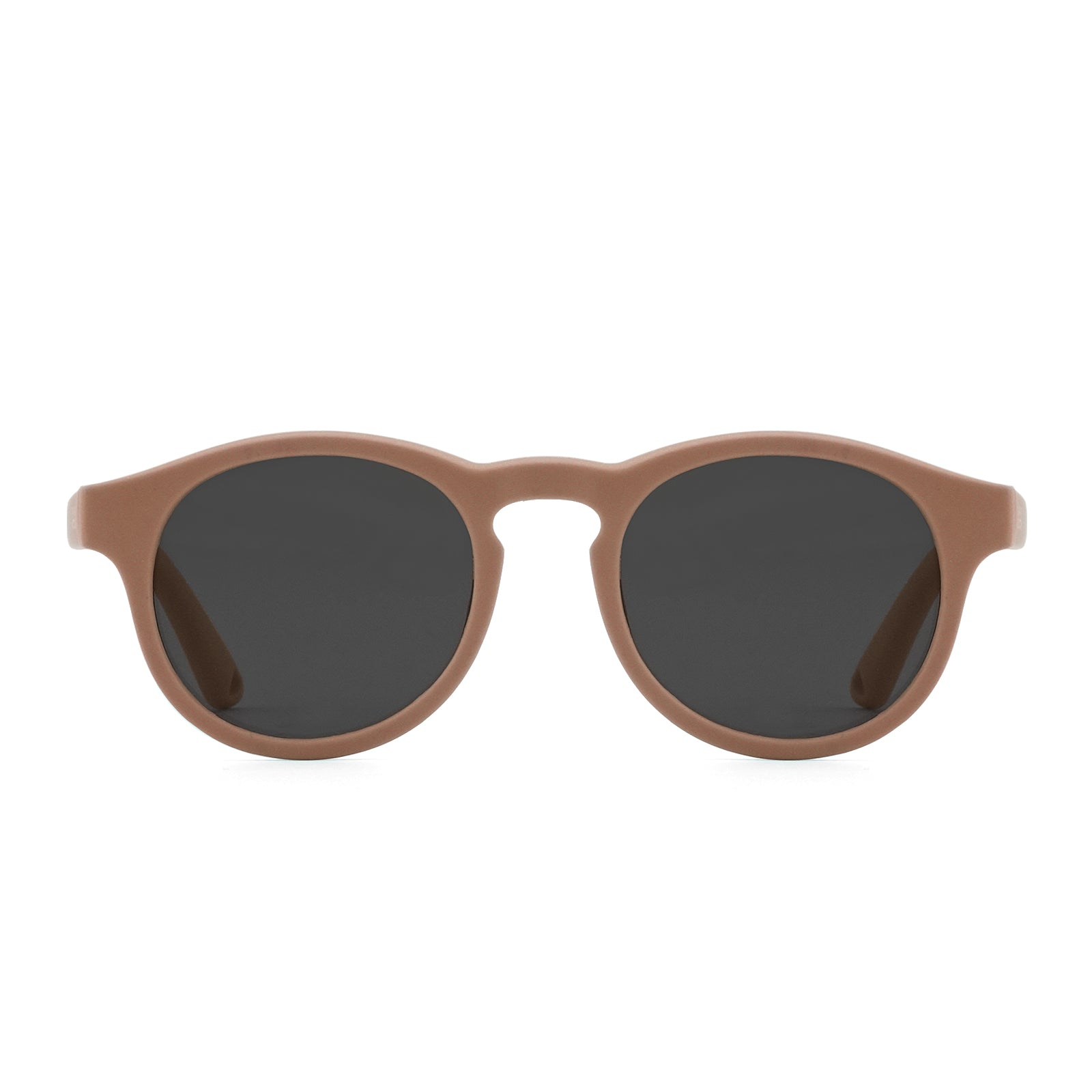 Round sunglasses with light brown frame and dark lenses, front view