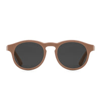 Round sunglasses with light brown frame and dark lenses, front view