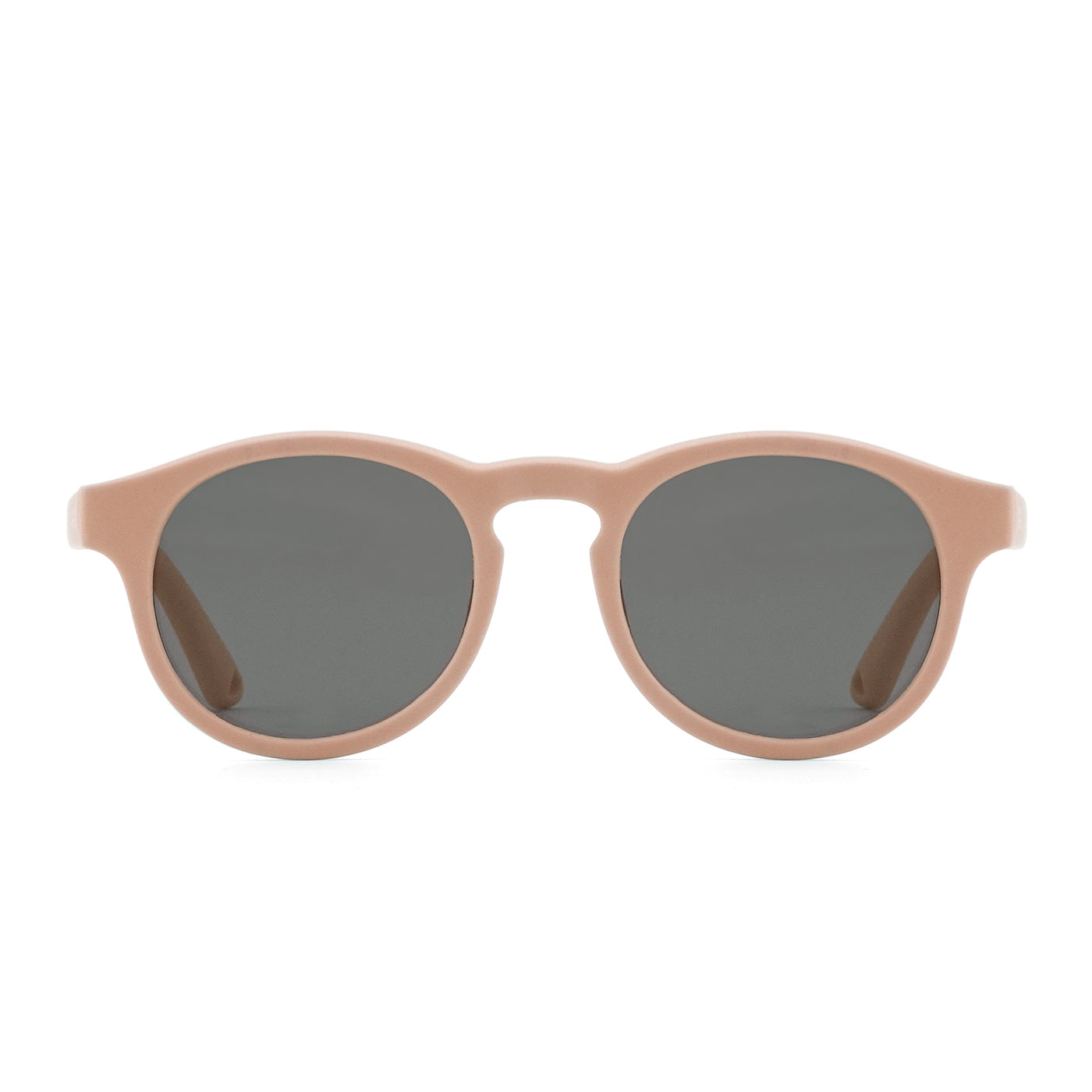 Beige kids sunglasses front view with dark lenses and rounded oval frames