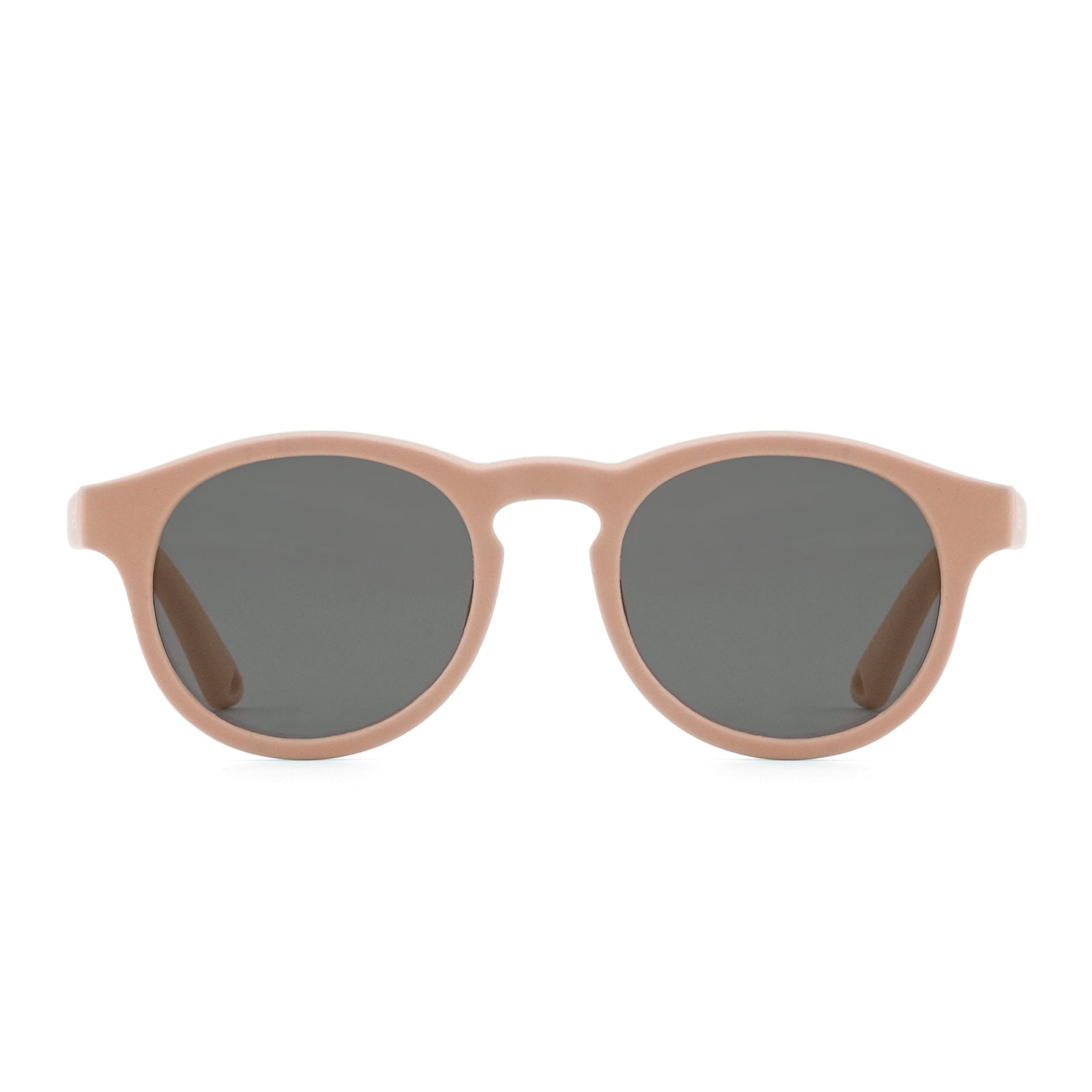 Beige kids sunglasses front view with dark lenses and rounded oval frames