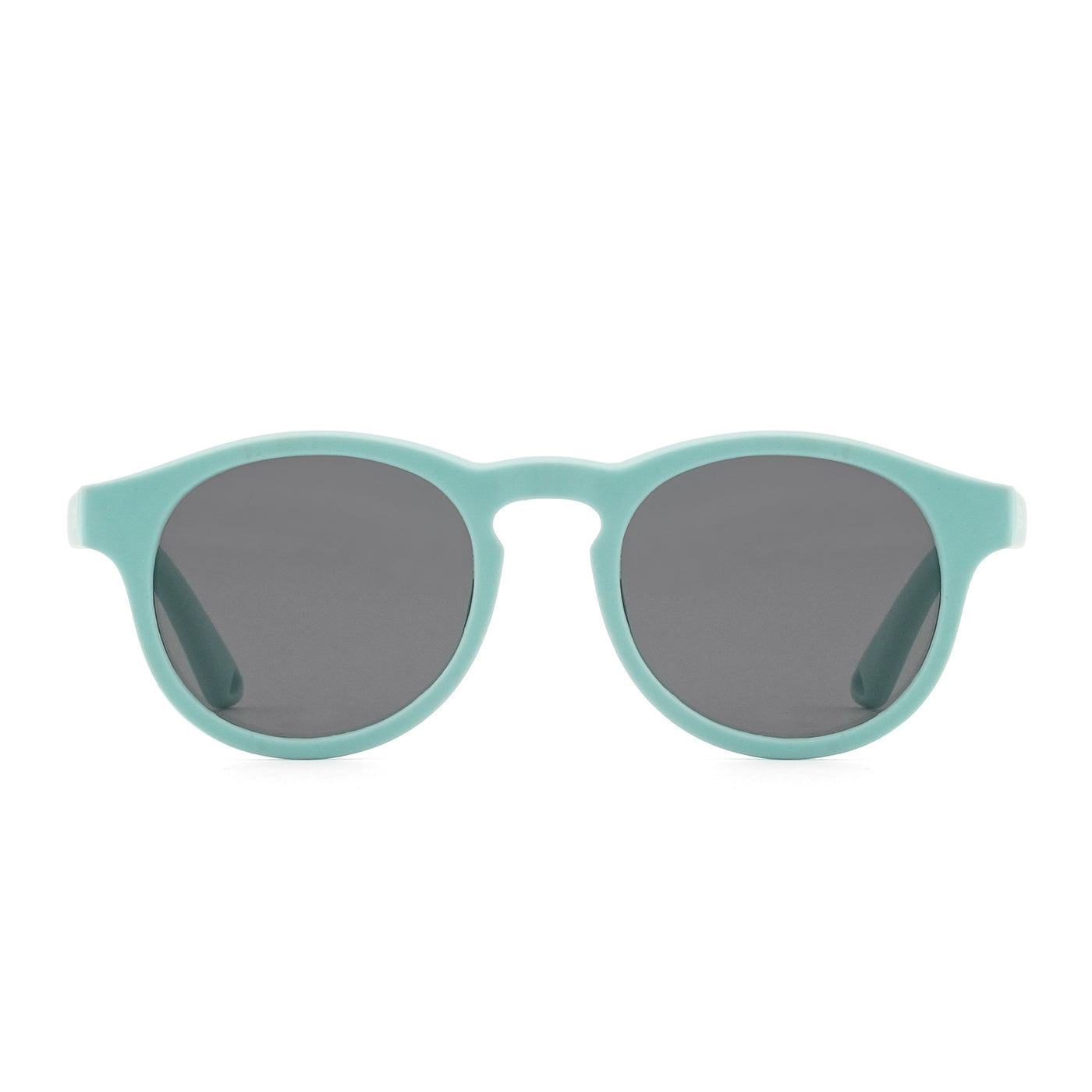Round sunglasses with mint green frame and dark lenses, front view