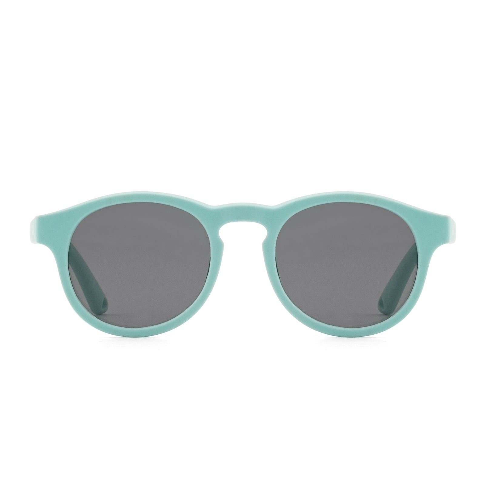 Round sunglasses with mint green frame and dark lenses, front view