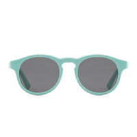 Round sunglasses with mint green frame and dark lenses, front view