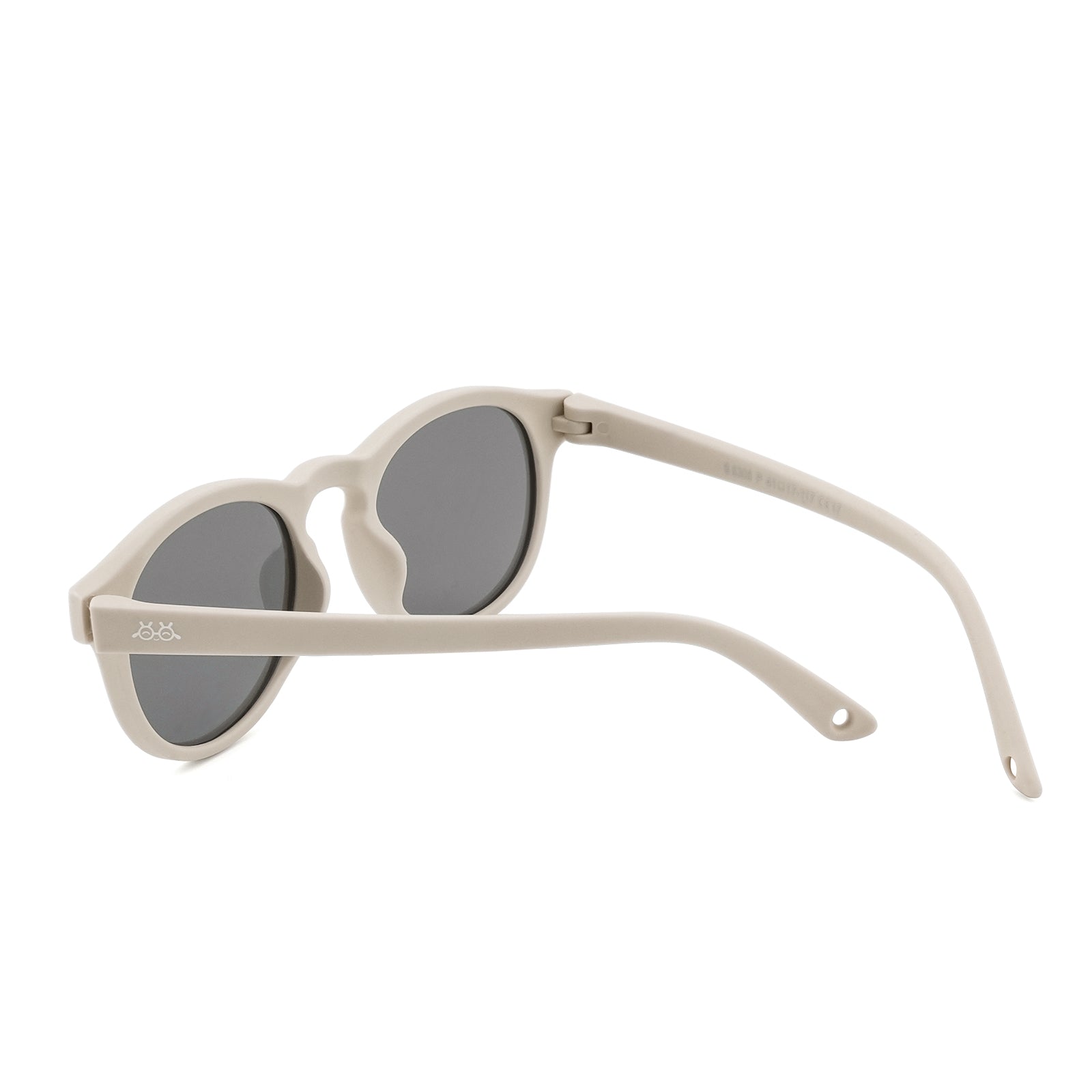 Oval sunglasses with light beige frame, hinged arms, dark lenses