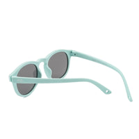 Light green kids sunglasses with dark lenses and rounded oval frames