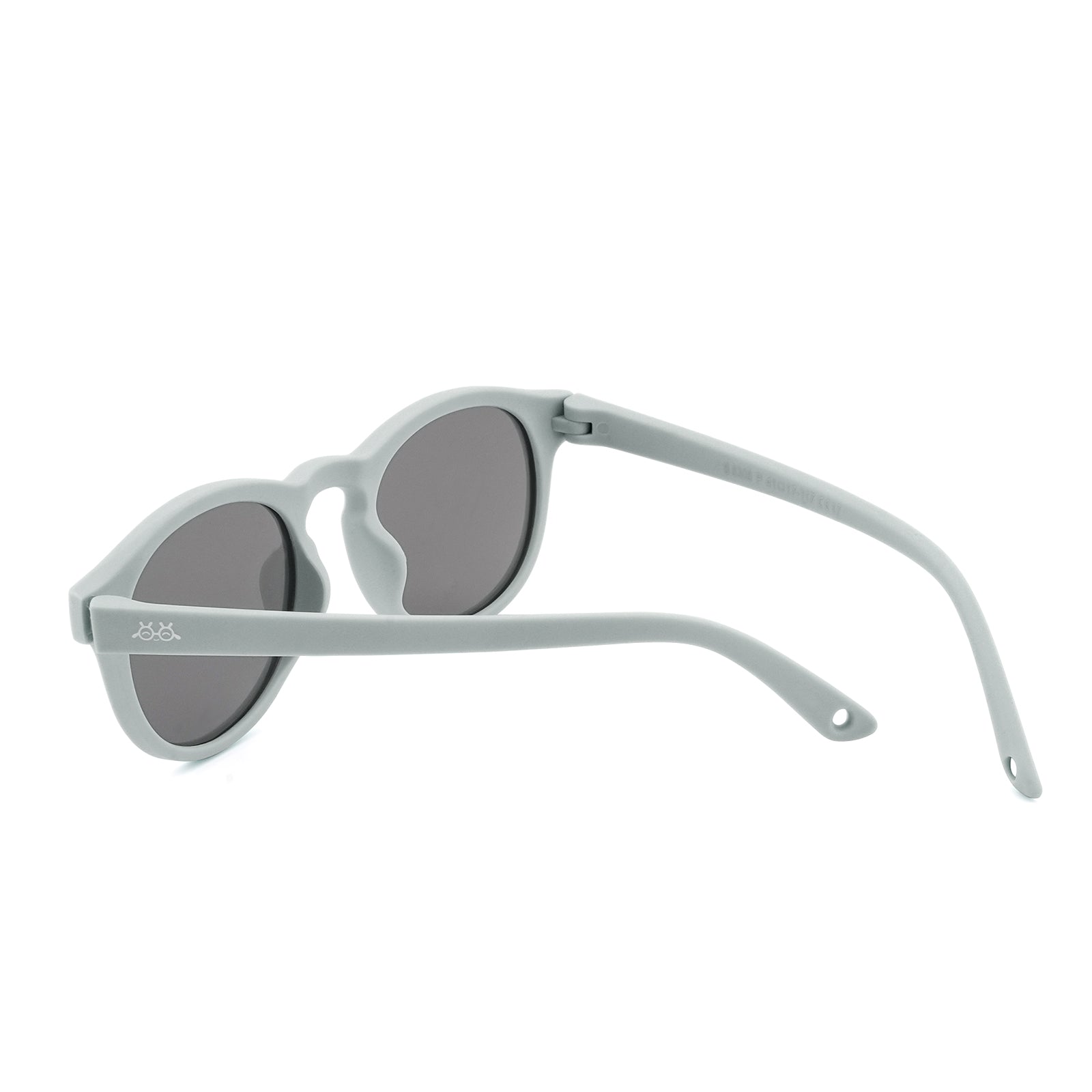 Sunglasses with pale mint frames and dark tinted lenses, side view