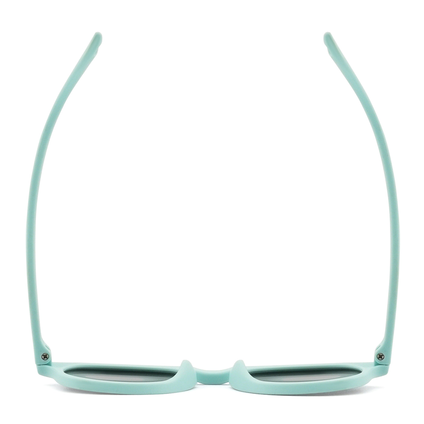 Light green kids sunglasses front view with dark lenses and flexible bridge