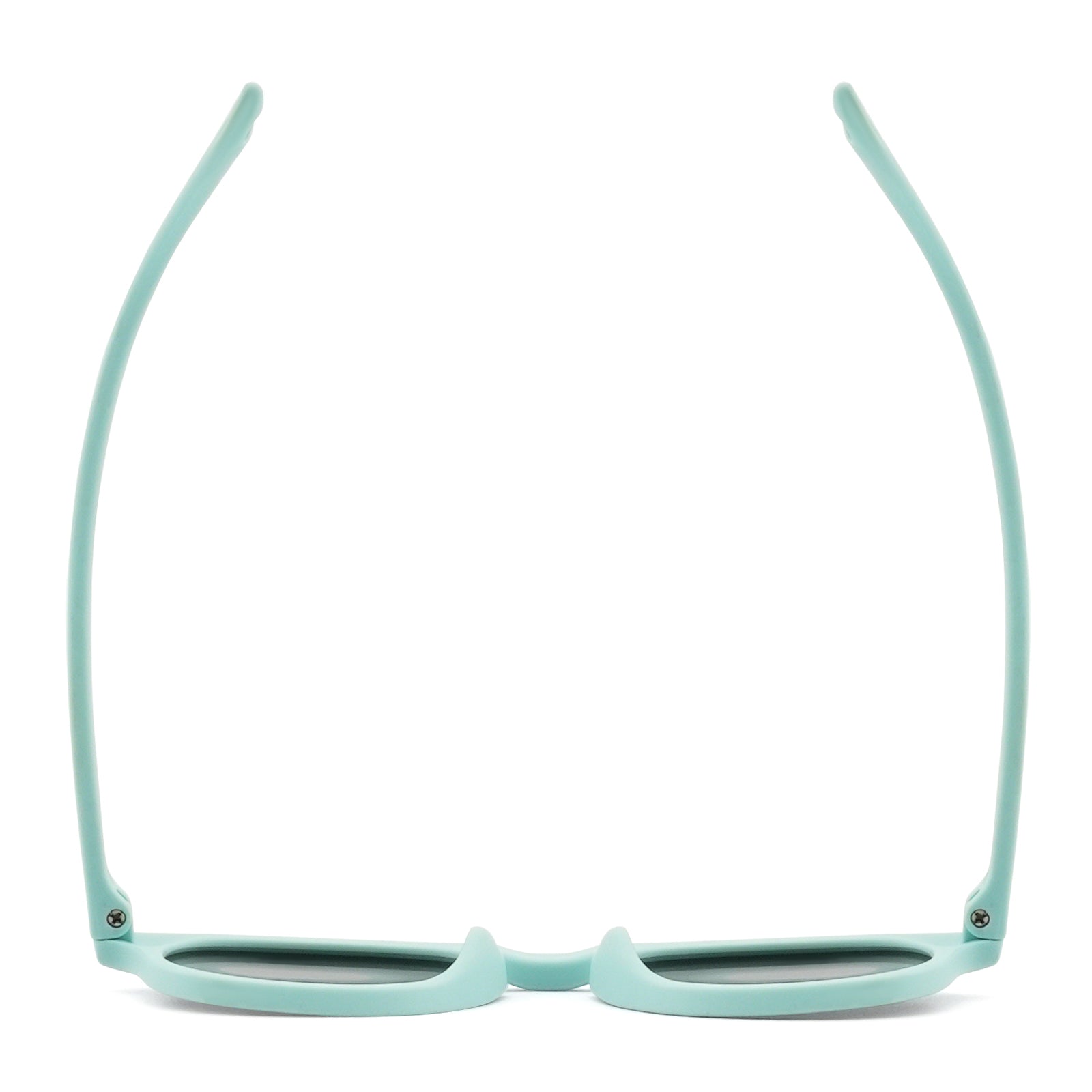 Light green kids sunglasses front view with dark lenses and flexible bridge