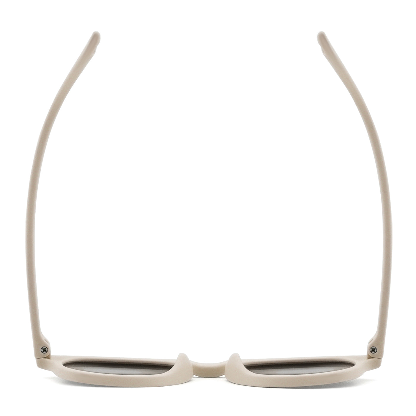 Oval sunglasses with light beige frame and dark lenses, front view