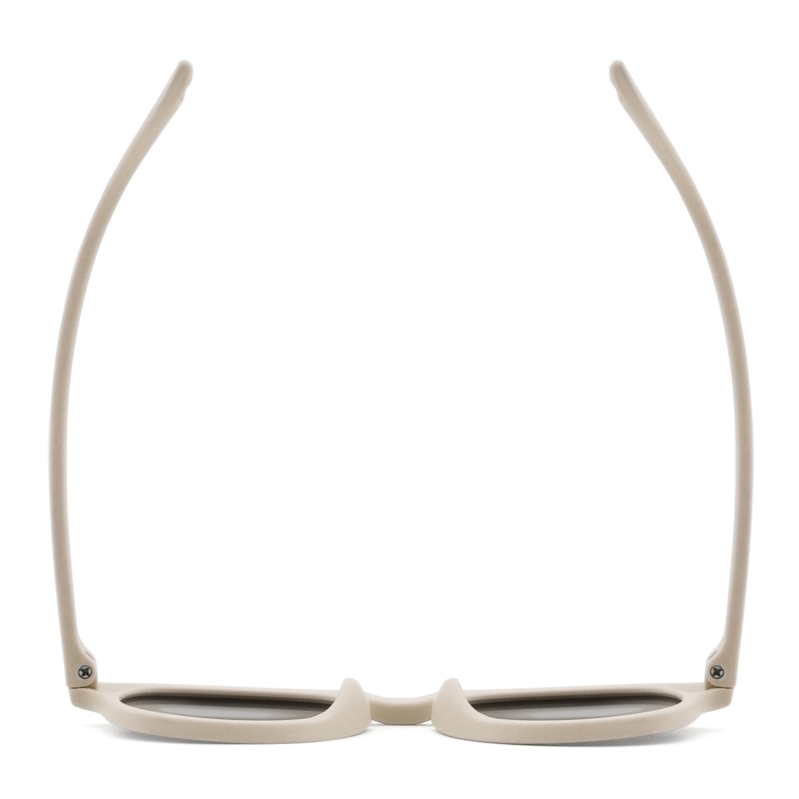 Oval sunglasses with light beige frame and dark lenses, front view