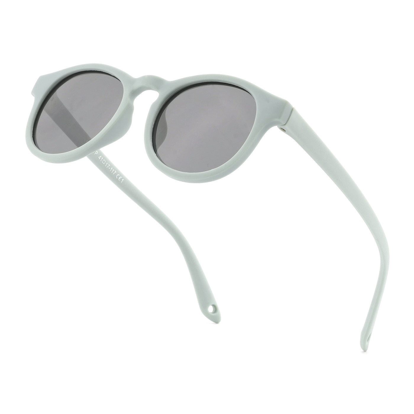 Sunglasses with light mint frames and dark tinted lenses, angled view