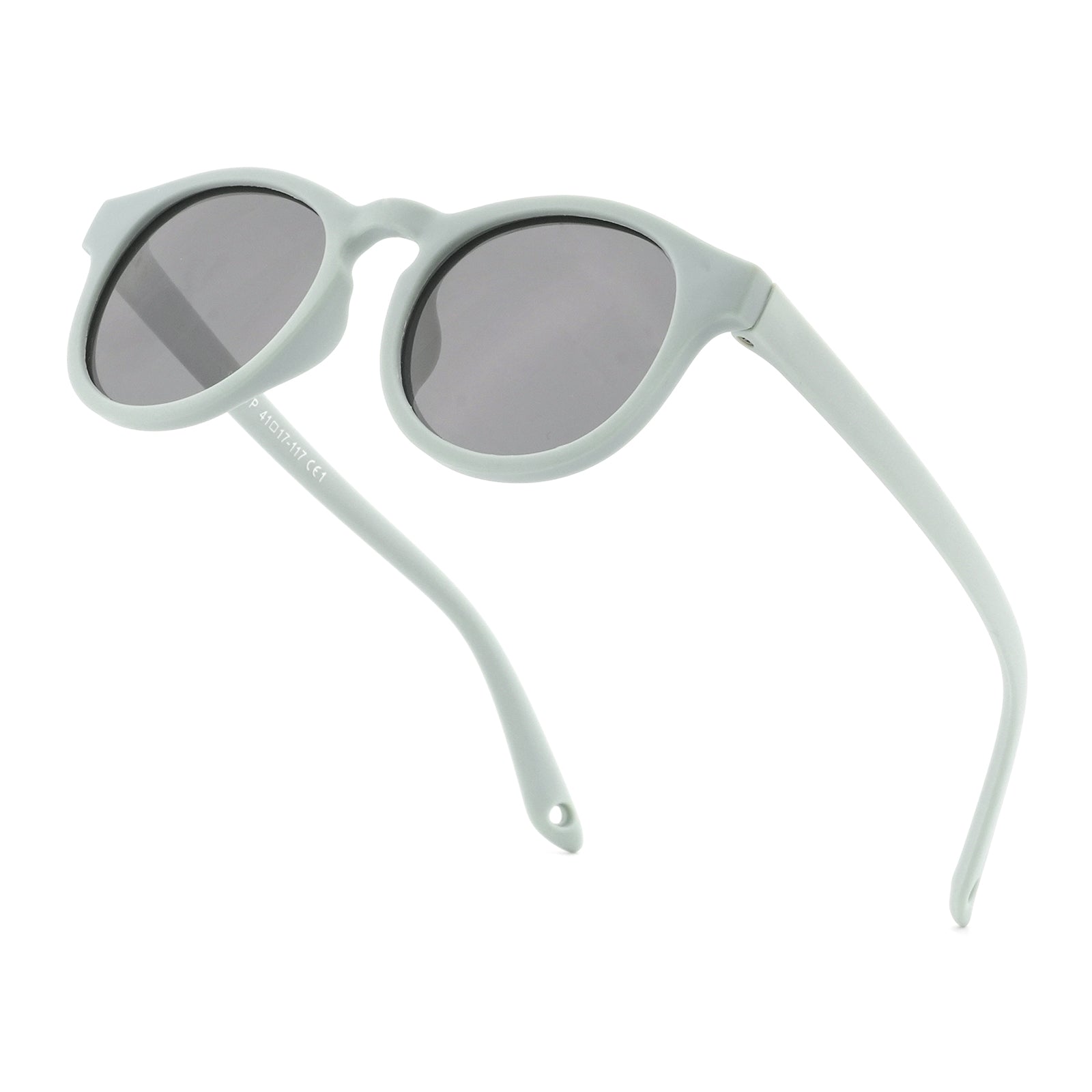 Sunglasses with light mint frames and dark tinted lenses, angled view