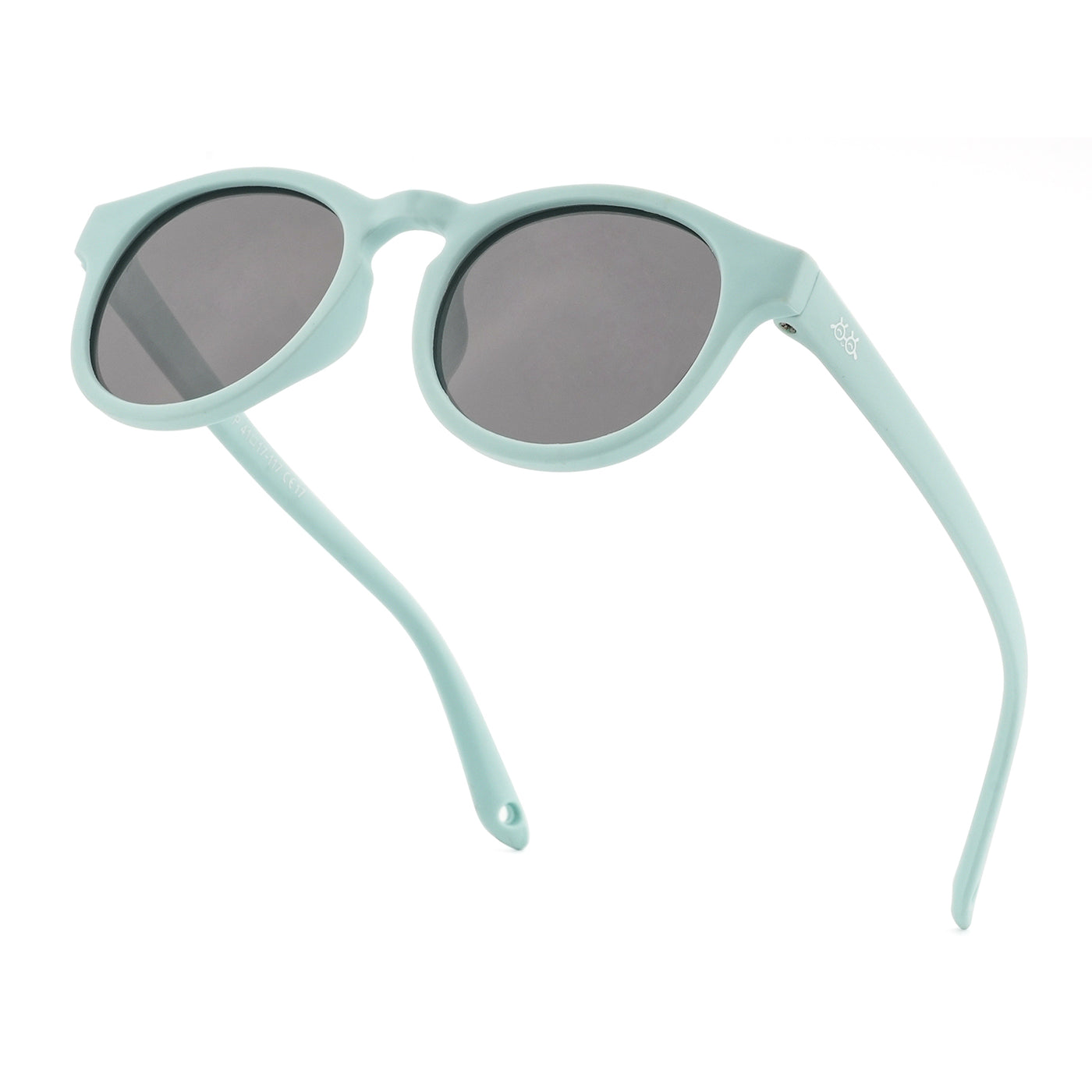 Light green kids sunglasses angled view with dark lenses and curved temples
