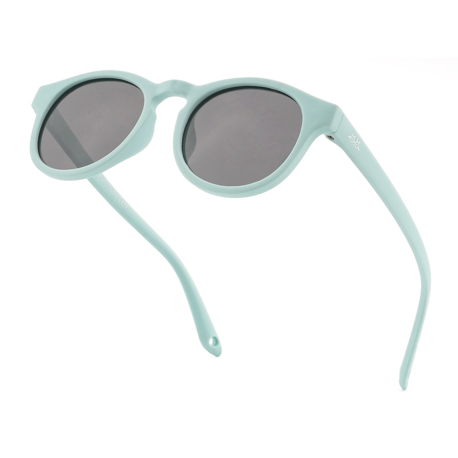 Light green kids sunglasses angled view with dark lenses and curved temples