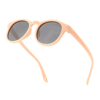 Beige kids sunglasses angled view with dark lenses and curved temples