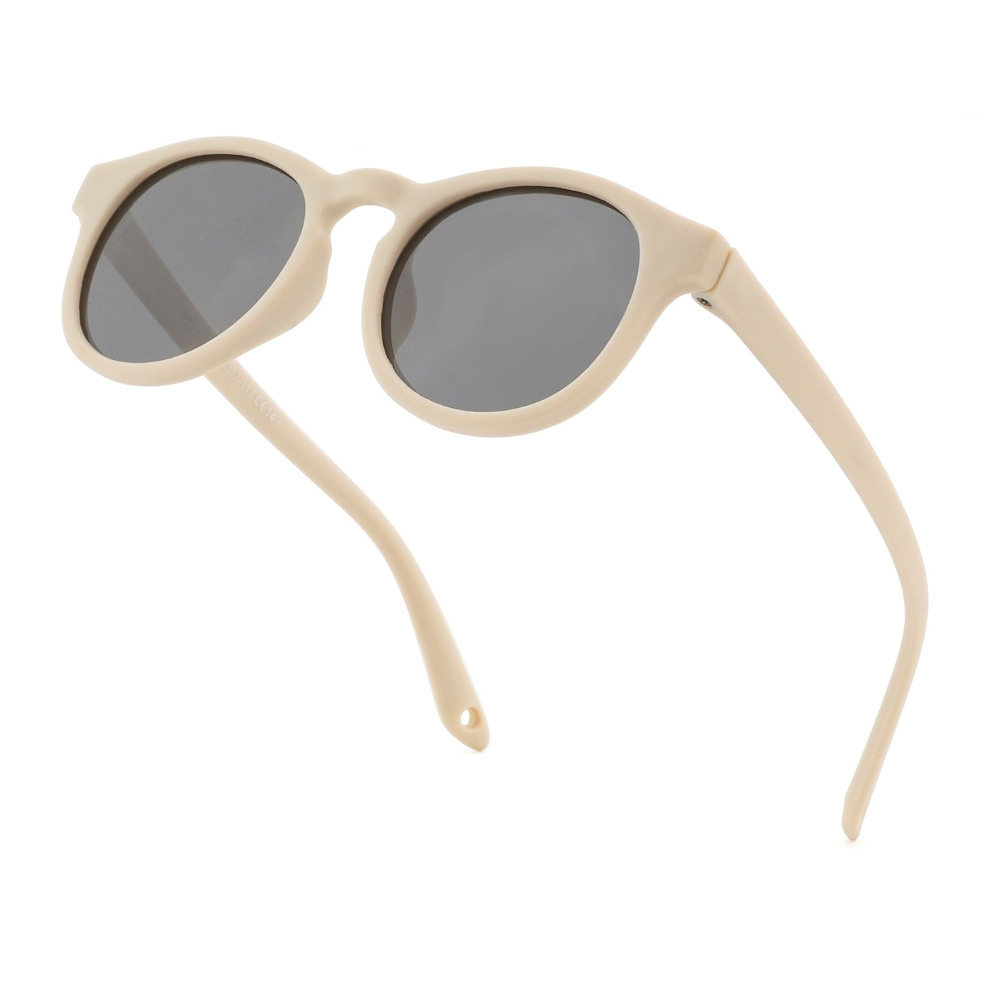 Oval sunglasses with light beige frame, angled side arms, dark lenses