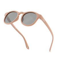 Round sunglasses with light brown frame, temple detail, and dark lenses