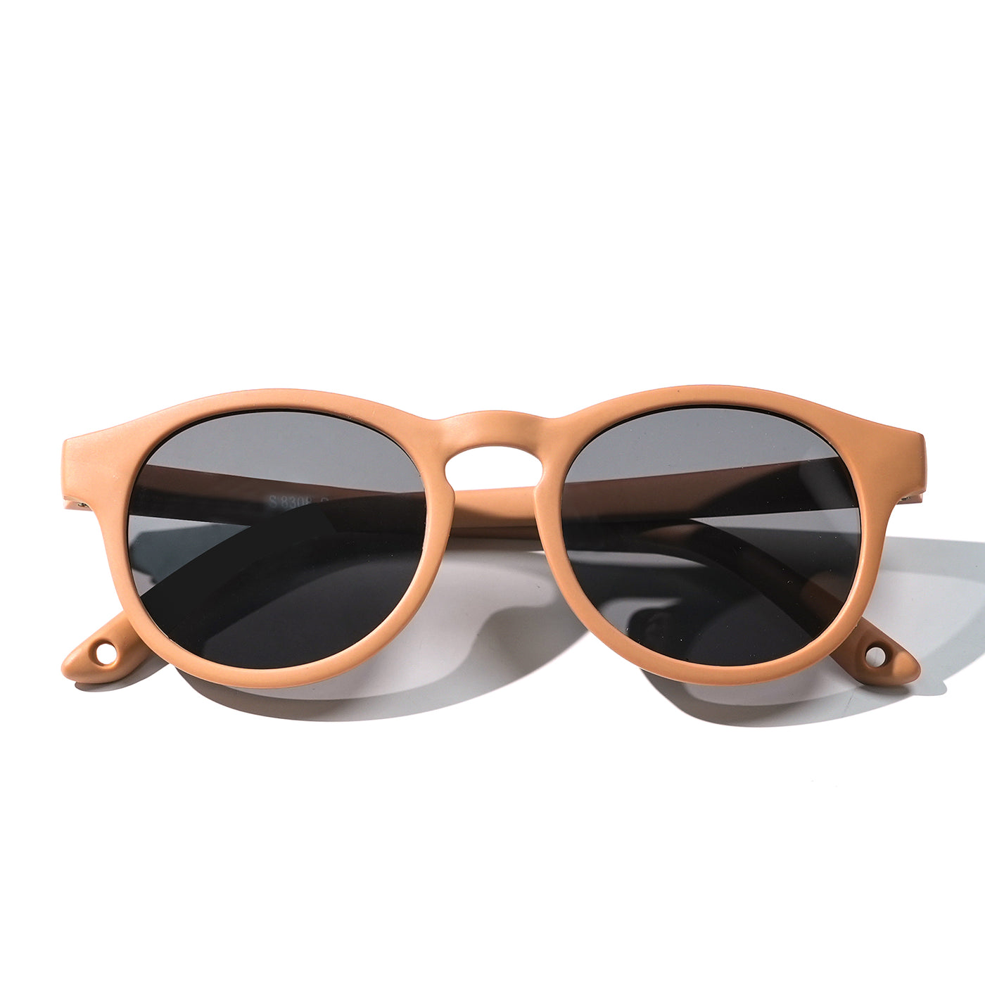 Round sunglasses with light brown frame and dark lenses, front view