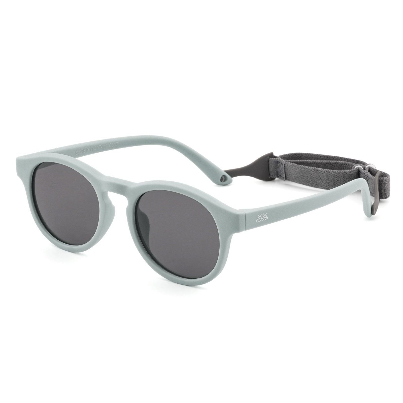 Sunglasses with pale aqua frames, dark lenses, and adjustable strap