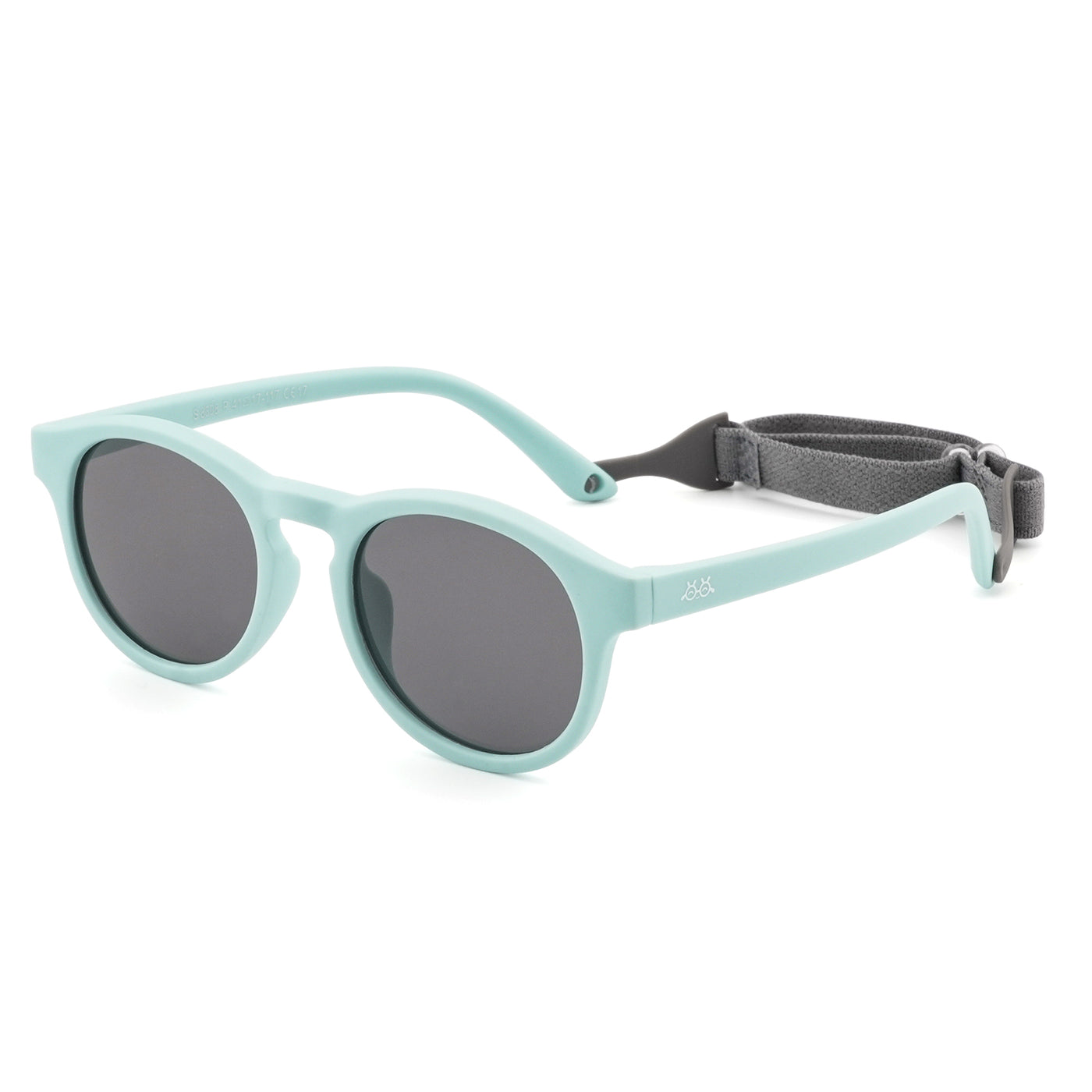 Round sunglasses with mint green frame, dark lenses, and gray head strap