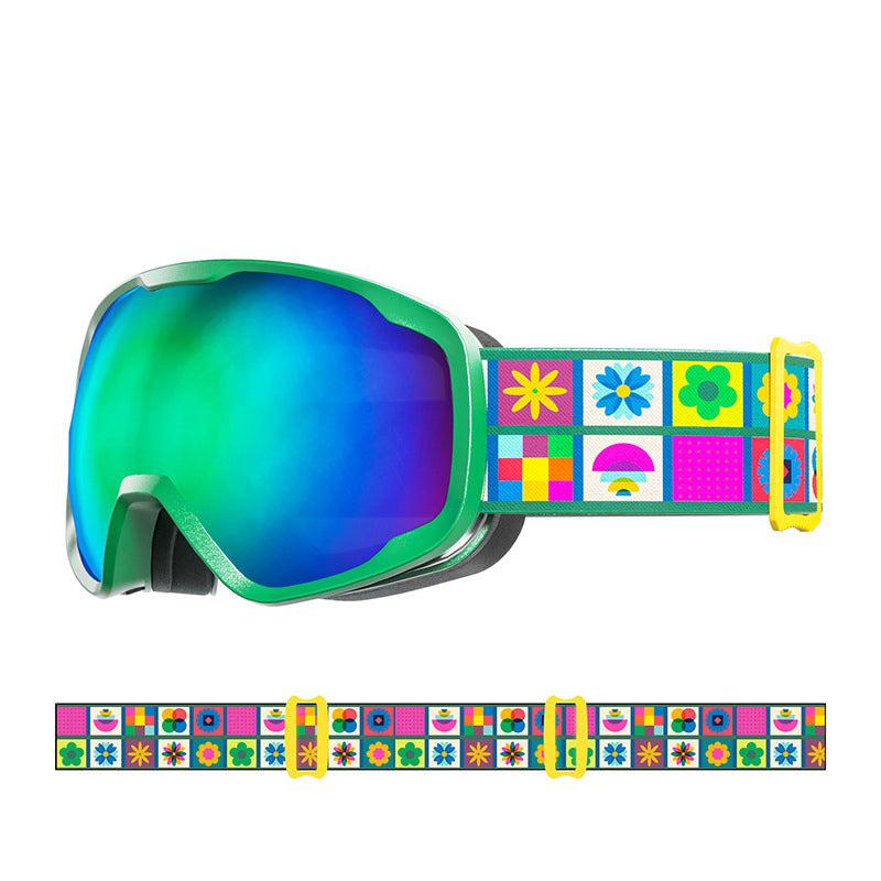 Ski goggles with green frame and rainbow mirror lens, printed strap.