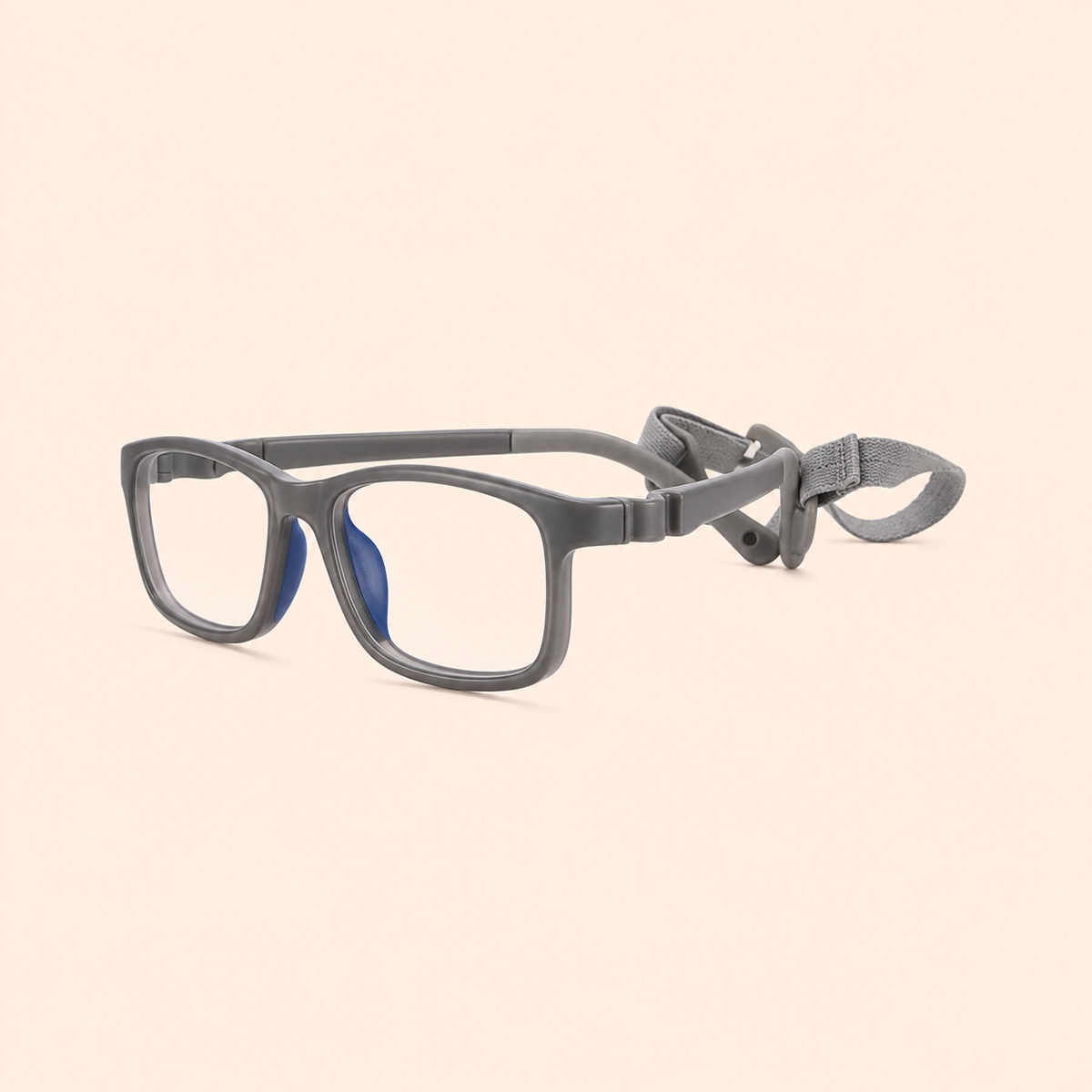 Grey rectangular eyeglass frames with adjustable cloth neck strap