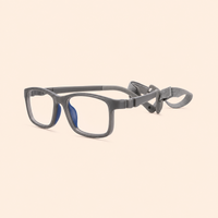 Grey rectangular eyeglass frames with adjustable cloth neck strap