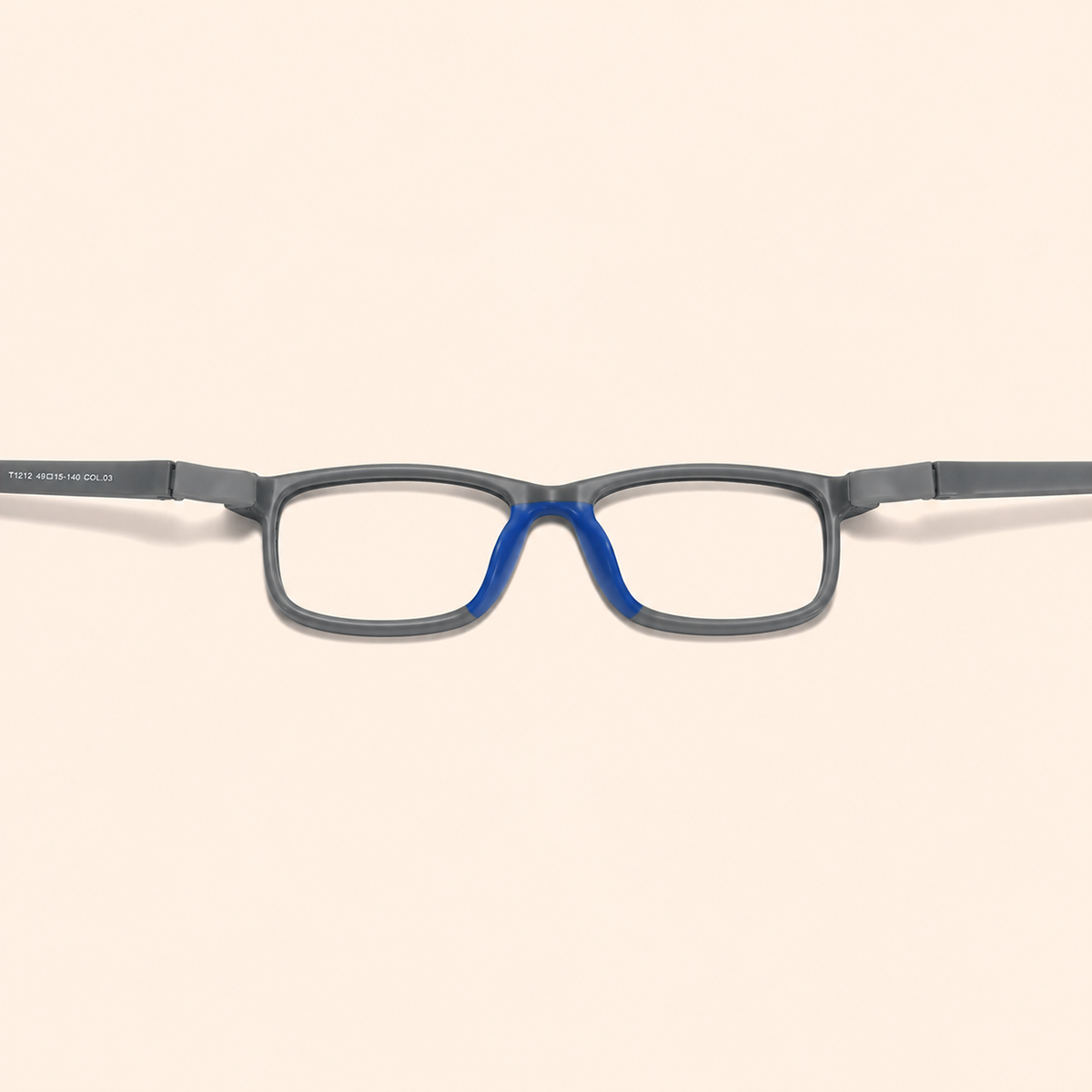 Rectangular eyeglass frames with blue temple detail and clear lenses