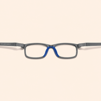 Rectangular eyeglass frames with blue temple detail and clear lenses