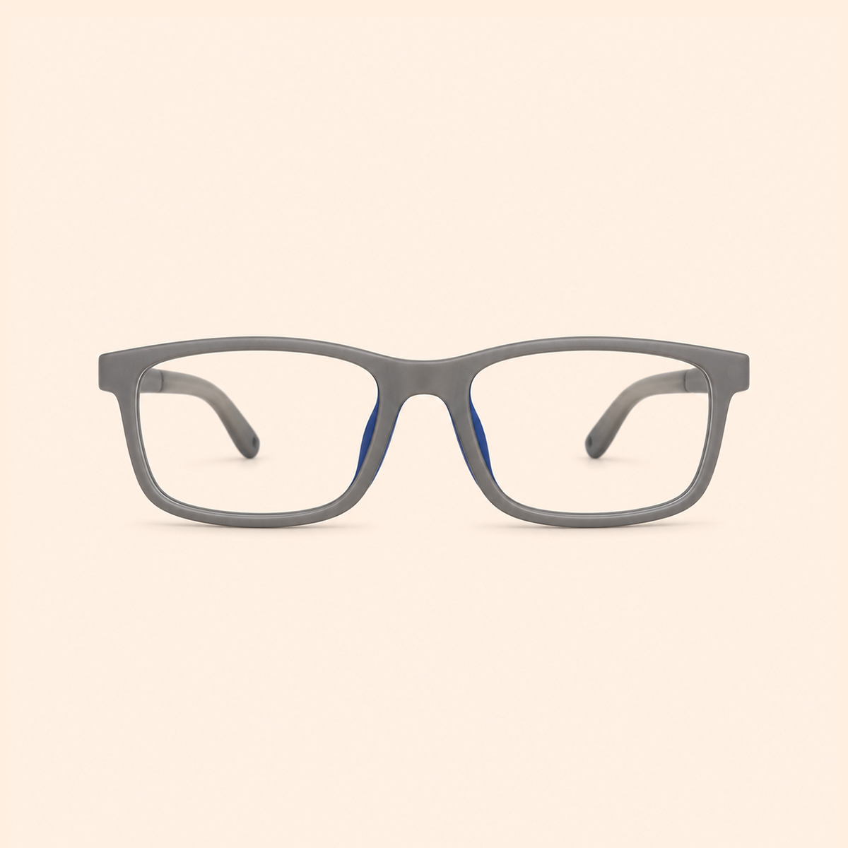 Blue-accent rectangular eyeglass frames with clear lenses, grey frame