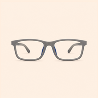 Blue-accent rectangular eyeglass frames with clear lenses, grey frame