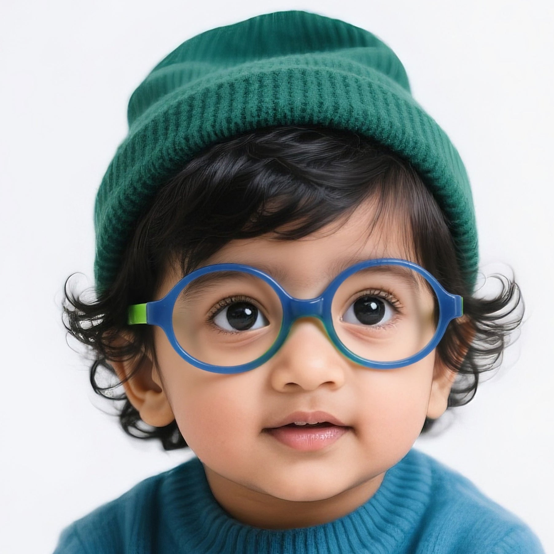 Child wearing blue round kids eyeglass frames with bright blue rims.
