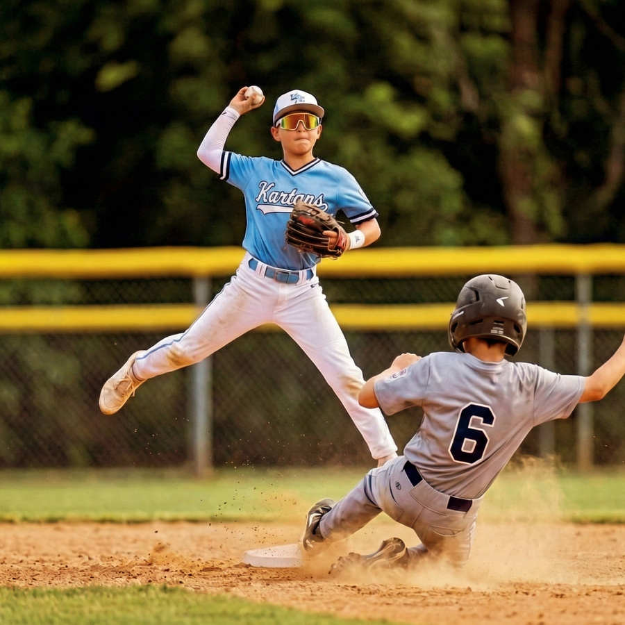 Baseball game in progress with a player sliding into a base and another player catching the ball.