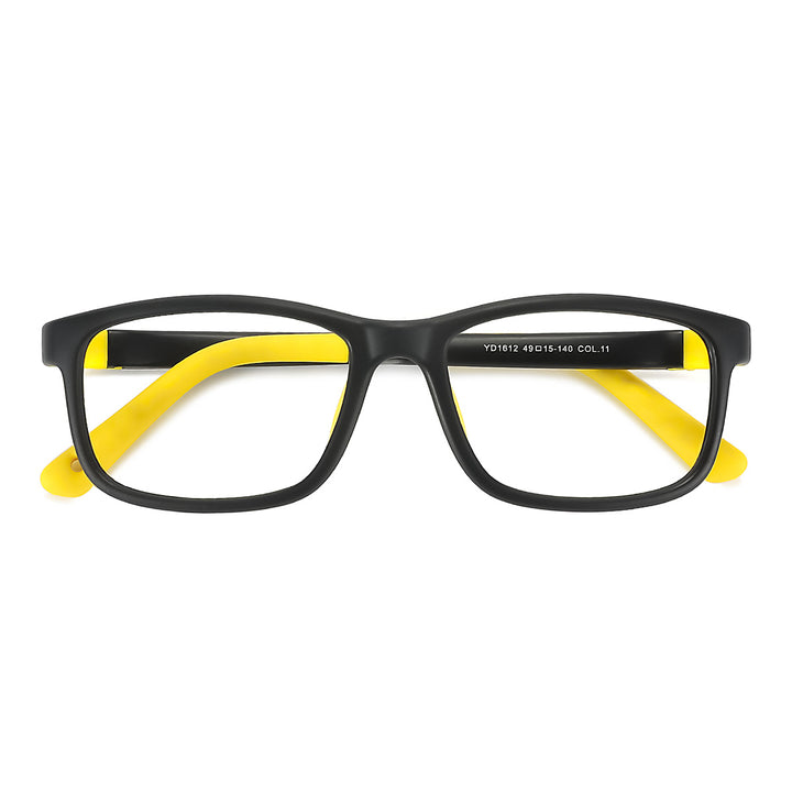 Rectangular kids eyeglasses with black frames and yellow temple accents, clear lenses
