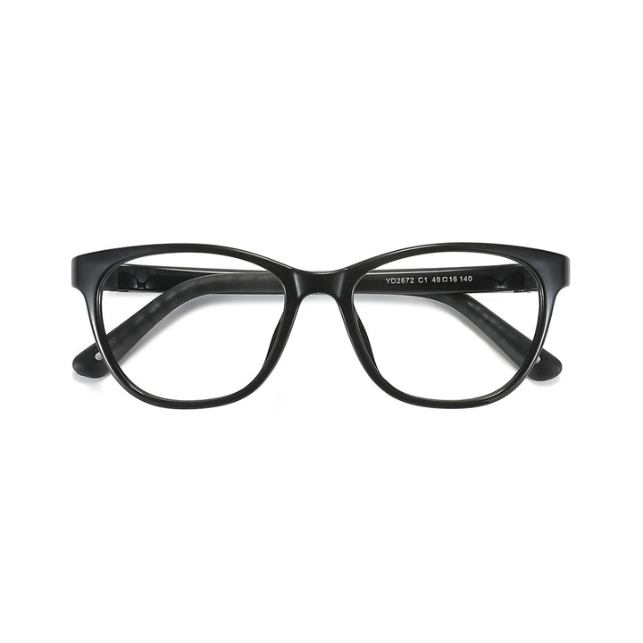 Black full-rim eyeglasses with rectangular lenses and curved temples