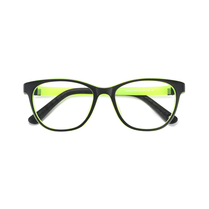 Black eyeglass frames with neon green rims and clear lenses, front view