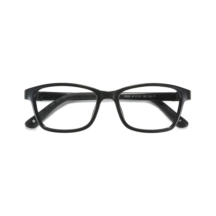 Black rectangular eyeglass frame, straight-on view with printed size marks on lens