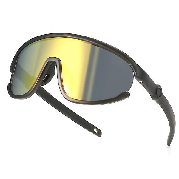 Sports sunglasses with black frame and yellow-to-silver mirrored lens
