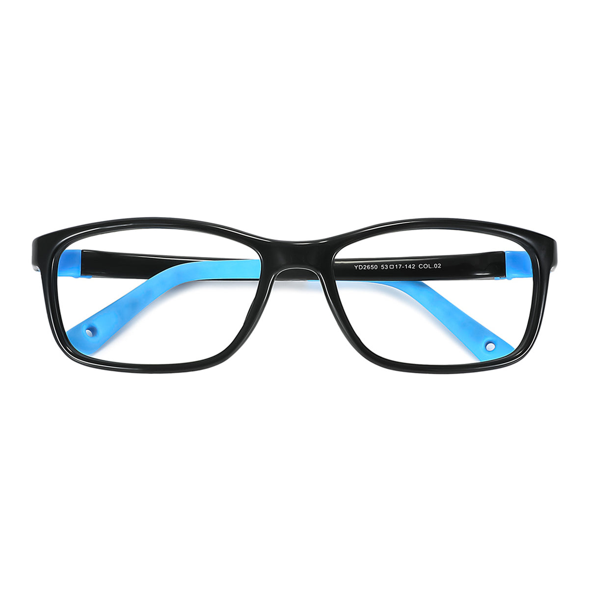 Black full-rim eyeglasses frame with blue temple accents