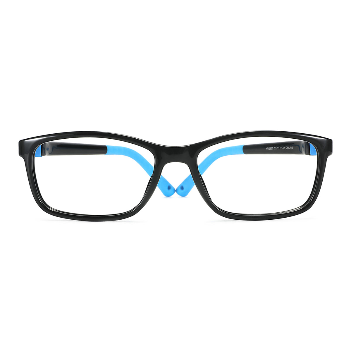Black eyeglasses with blue hinge detail, rectangular full-rim frames